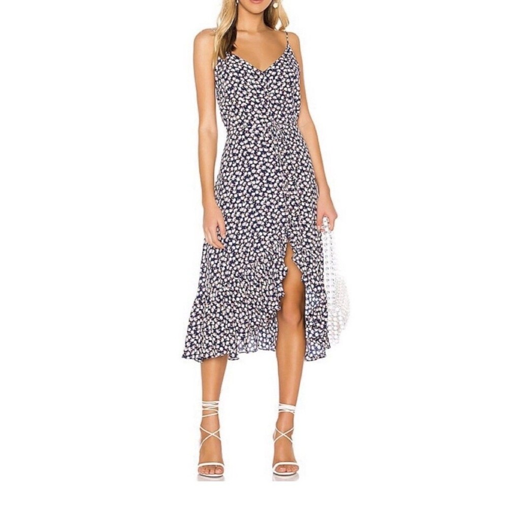 Rails Blue Floral Midi Dress High Low Hem Tie Waist Ruffle Spaghetti‎ Strap XS